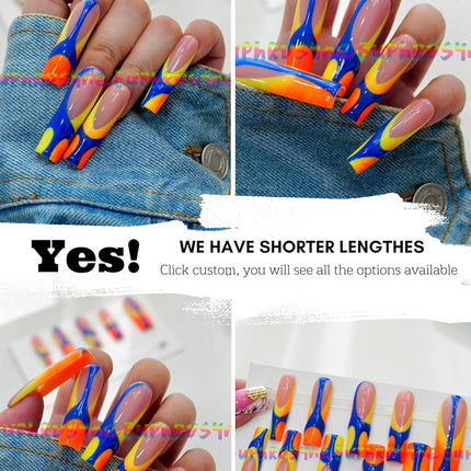 10PCS Colorful Swirl Press On Nails – Long Coffin Fake Nails with Blue, Orange & Yellow Abstract Design, Glossy Reusable Y2K Nails for Women and Girls – Euphrosyne