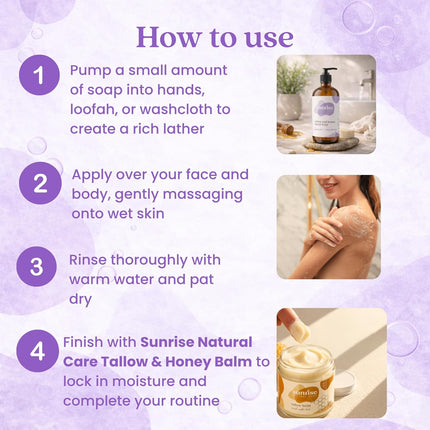 Tallow & Honey Liquid Soap – Lavender + Rosemary – Natural Face, Body & Hand Wash – Grass-Fed Beef Tallow Cleanser – Gentle Moisturizing Soap – 16 oz