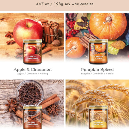 Fall Candles Set - 4 Pack Candles for Home Scented, 28 oz Natural Soy Wax 200 Hour Long Lasting, Autumn Gifts Set for Women Men Fall Fragrance of Pumpkin/Apple Cinnamon/Clove/Wheat Vanilla