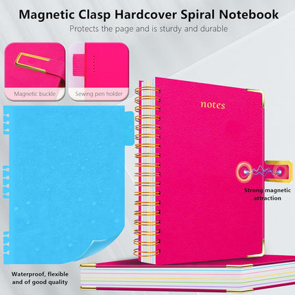 Hardcover Spiral Notebook College Ruled, 8"x10" Leather Journal Notebook with Magnetic Closure, 300 Pages 5 Subject Notebook with Dividers Tabs Journal for Women Men, Work, School