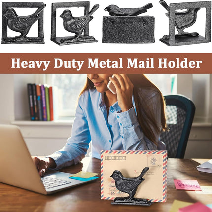 BTSKY Cast Iron Mail Organizer Countertop, Heavy Duty Desk Mail Holder for Letters & Documents, Vertical Envelope Sorter for Home Office, Bill Rack - Black, Bird Shape