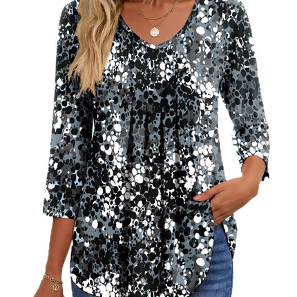 3/4 Length Sleeve Womens Tops V Neck Blouses Pleated Casual Shirts