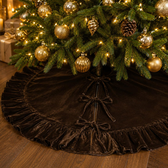 48 Inches Ruffled Velvet Christmas Tree Skirt Chocolate Brown with Bow, Large Neutral Color Xmas Tree Skirt Mat for Christmas & New Year Holiday Home Party Decorations - 122cm