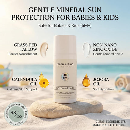 Kids Mineral Sunscreen SPF 40 – Non-Nano Zinc Oxide Sun Protection with Grass-Fed Tallow, Lightweight No White Cast, Gentle for Sensitive Skin