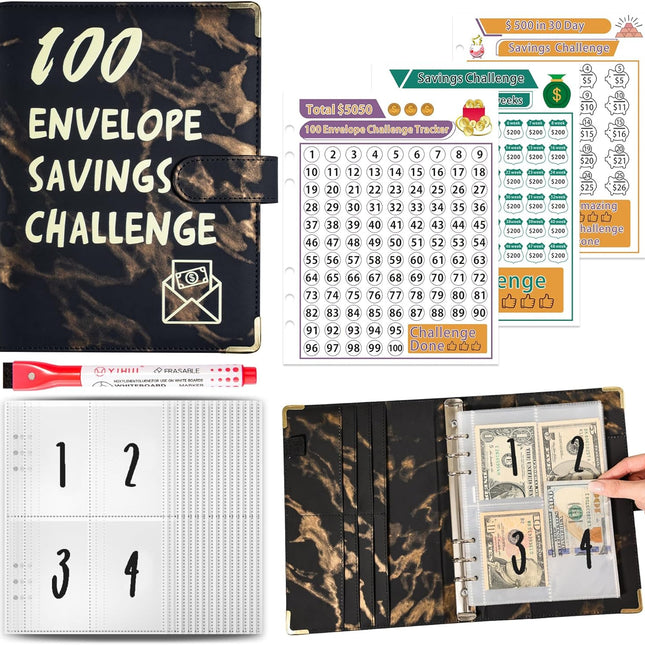 A5 Money Saving Challenge Binder, 25 Cash Envelopes, 3 Trackers and Pen, Marble Pattern