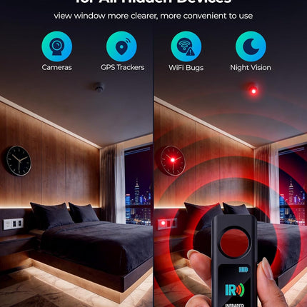 Hidden Camera Detectors, Anti-Spy Camera Finder with LED Screen Rechargeable GPS Tracker&Bug Detector, Anti-Theft Alarm, 5 Modes Portable Privacy Protection for Hotel, Car, Office, Travel