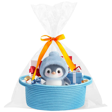 Small Woven Basket with Gift Bags and Ribbons Durable Baskets for Gifts Empty Small Rope Basket for Storage 12"X 8" X 5" Baby Toy Basket with Handles, Blue