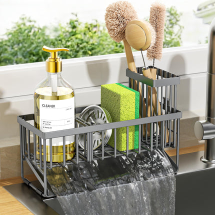 Sink Caddy Sponge Holder for Kitchen with Brush Holder and Stainless Steel Self Drain Tray, Rustproof Kitchen Sink Organizer for Sponge, Soap Dispenser Storage Accessories