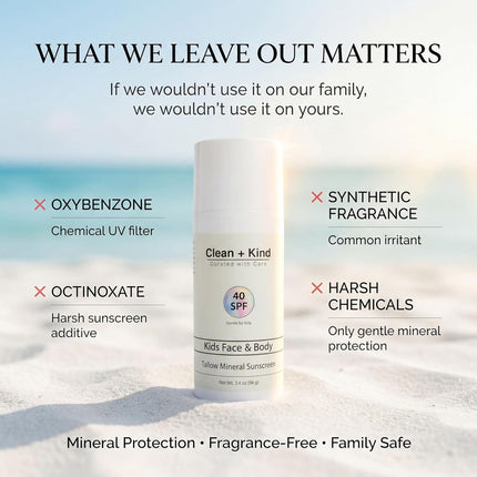 Kids Mineral Sunscreen SPF 40 – Non-Nano Zinc Oxide Sun Protection with Grass-Fed Tallow, Lightweight No White Cast, Gentle for Sensitive Skin