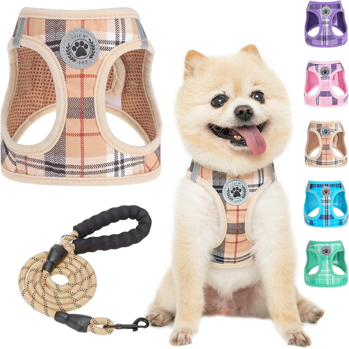 Beige Plaid Step-In Soft Mesh Dog Harness and Leash Set for Small Pets