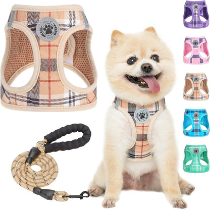 Beige Plaid Step-In Soft Mesh Dog Harness and Leash Set for Small Pets