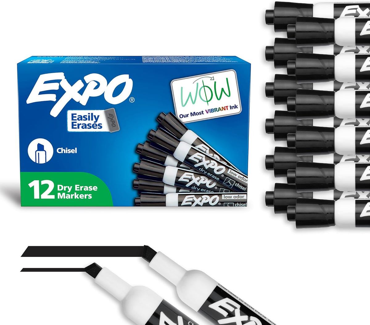 Black Low-Odor Dry Erase Markers, Chisel Tip, 12 Count