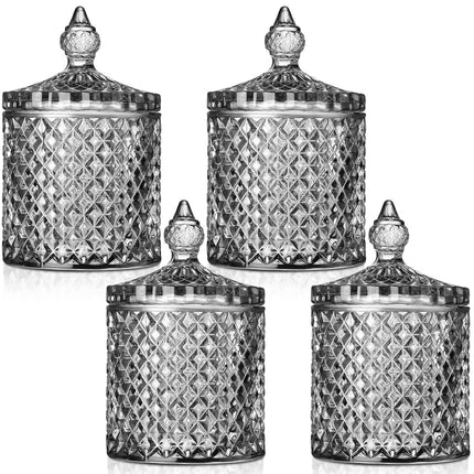 4 Pcs Crystal Glass Candy Jar Set with Lids Home Decorative Storage Jars for Apothecary, Bathroom, Kitchen, and Pantry, Ideal for Cotton Swabs and Jewelry (Medium,Green)
