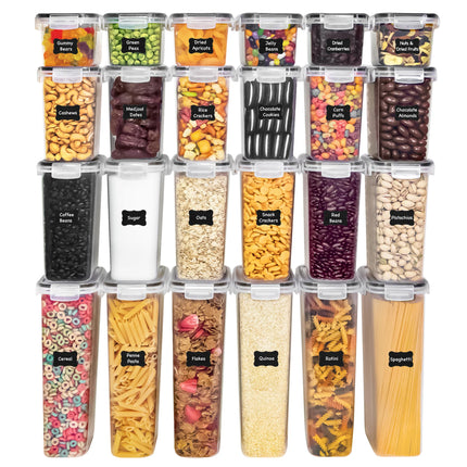 Recipientes de almacenamiento para cocina con tapas, 48 PCS recipientes herméticos para alimentos, recipientes plásticos de cocina, recipientes para despensa para cereal, alimentos secos, incluye etiquetas, marcador y cucharas medidoras