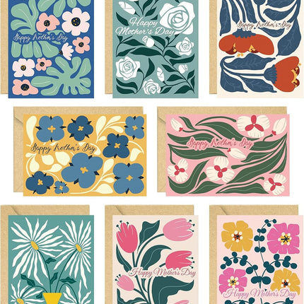 24 Pack Floral Happy Mother's Day Cards with Envelopes, 8 Flower Designs Mothers Day Cards for Family Friends Coworkers, Blessings Inside, 4x6in