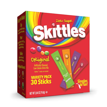 SINGLES TO GO! Skittles Variety Pack, Watertok Powdered Drink Mix, Zero Sugar, Low Calorie, Includes 4 Flavors: Green Apple, Strawberry, Grape, Orange, 1 Box (30 Single Servings), Pack of 6