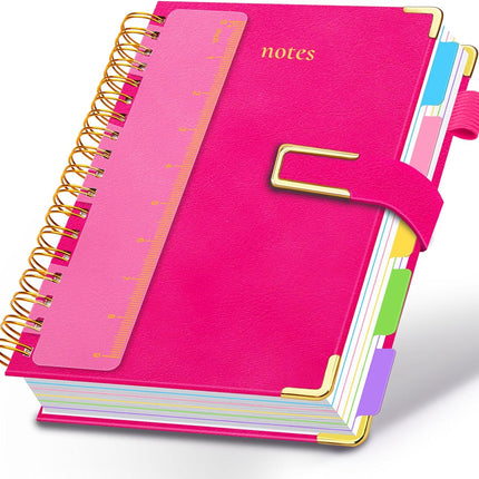 Hardcover Spiral Notebook College Ruled, 8"x10" Leather Journal Notebook with Magnetic Closure, 300 Pages 5 Subject Notebook with Dividers Tabs Journal for Women Men, Work, School