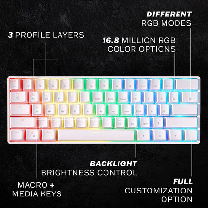 HK GAMING GK61 Mechanical Gaming Keyboard - 61 Keys Multi Color RGB Illuminated LED Backlit Wired Programmable for PC/Mac Gamer (Gateron Optical Brown, White)
