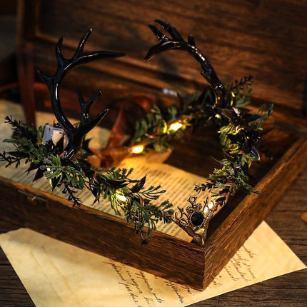MOSTORY Light up Elf Crown - Black Antler Headpiece Gothic Flower Circlet Elven Woodland Tiara for Women Renaissance Fair Cosplay Halloween Costume Photo Shoot