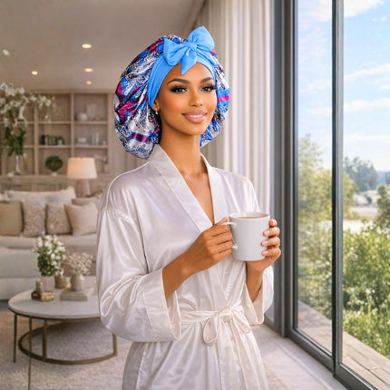 Jumbo Satin Bonnet for Sleeping, Double Layered Silk Infused Sleep Cap with Stretch Tie Band, Non Slip Hair Bonnet for Braids, Locs, Curly & Natural Hair, Blue Paisley Print