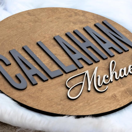 Custom Round Nursery Name Sign, Personalized 3D Baby Name Announcement Sign, Personalized Wooden Wall Plaque, 3D Wall Art for Children & Kids Rooms, Family Name Signs, 30 Colors (Design 10)