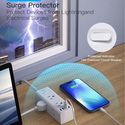 Surge Protector Power Strip, 5 Ft Flat Plug Extension Cord, 900J