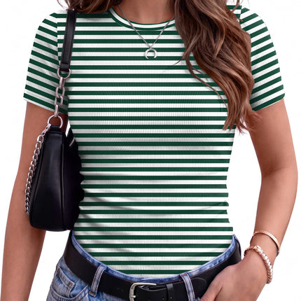 Tops de manga corta acanalados para mujer, cuello redondo, elasticidad, básicos, S-2XL