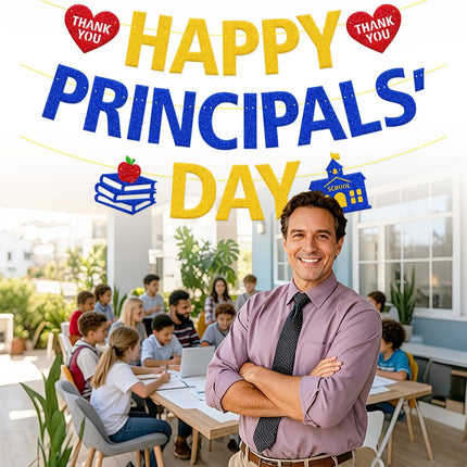 Happy Principals' Day Banner - We Appreciate You, School Principal Appreciation Decorations for Classroom, Hallway & Office Door, Blue Gold School Leadership Decor from Students, PTA & PTO