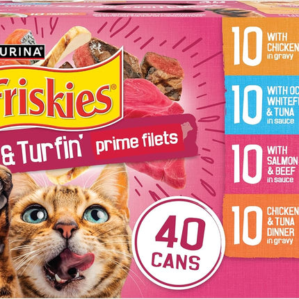 Purina Friskies Gravy Wet Cat Food Variety Pack, Surfin’ and Turfin’ Prime Filets Favorites - (Pack of 40) 5.5 oz. Cans