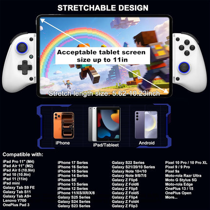 Megadream Mobile Gaming Controller for iPhone/Android/PC - iPad/Tablet (Up to 11in) - Cloud Game - NS-Switch|Swith 2 - Turn Your Phone into a Gaming Console - PS5/Xbox Remote Play Streaming, Call of Duty, Roblox, Turbo, White