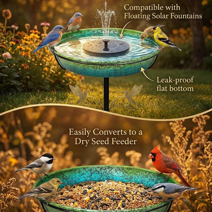 35" Metal Bird Bath for Outside Standing Metal Bird Bath Stake in Ground Iridescent Blue Green Birdbath with Scientifically Designed Color Lure for Birds 12" Detachable Bowl for Garden Patio Yard