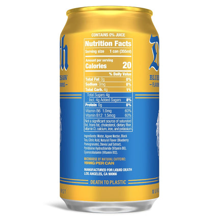 Liquid Death Iced Tea - Blueberry Buzzsaw (Blueberry-Flavored Black Tea), Less Sugar*, Boost of Caffeine, B Vitamins, No Artificial Sweeteners, 12 Fl Oz (Pack of 12)