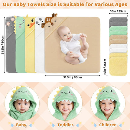 CandyHome 15 PCS Baby Bath Towels, 5 PCS Cute Animal Hooded Baby Towels & 10 PCS Washcloths Set for Infants Toddlers, Ultra Absorbent Soft Baby Bath Essentials Gifts for Boys & Girls