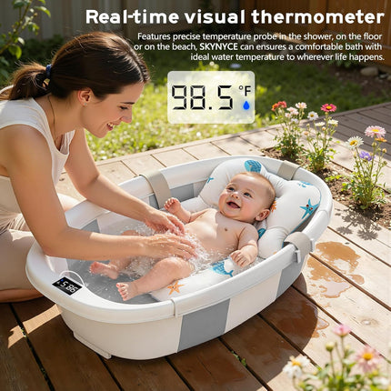 Collapsible Baby Bathtub for Newborn to Toddlers 0-36 Months, Large Baby Tub with Thermometer & Cushion, Easy Setup Foldable Travel Infant Bathtub, Newborn Babies Boy Girl Bath Tubs Grey