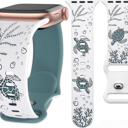 Sea Turtle Engraved Band Compatible with Apple Watch Band Women Men 38mm 40mm 41mm 42mm 44mm 45mm 46mm 49mm Two-Tone Cute Sport Silicone Band for iWatch Series 11 10 Se Ultra 9 8 7 6 5 4 3 2 1