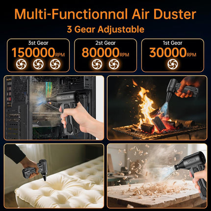 Compressed Air Duster, 150000RPM Electric Air Duster with 3 Gear Speed Adjustable, Rechargeable Cordless Dust Cleaner with Brush/Lighting for Keyboard, PC, Car, Outdoor, Air Bed