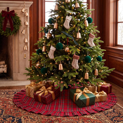 Falda de árbol de Navidad de tartán rojo con borde de volantes y lazo, 36 Inch