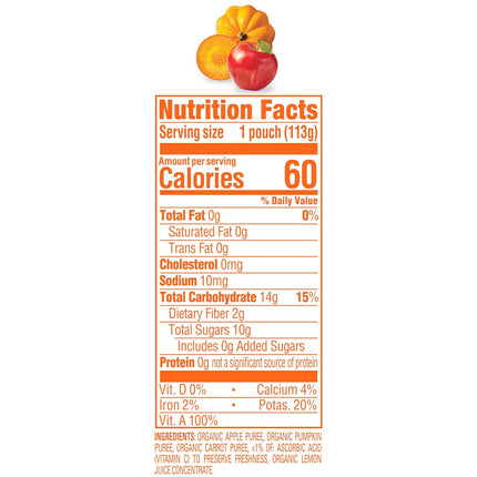 Happy Baby Organics Stage 2 Baby Food Pouches, Gluten Free, Vegan & Healthy Snack, Clearly Crafted Fruit & Veggie Puree, Apples, Pumpkin & Carrots, 4 Ounces (Pack of 16)