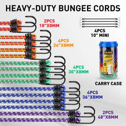 Bungee Cords Heavy Duty Outdoor: 20 Pcs Rubber Bungee Cords with Hooks in a Storage Jar Includes 10", 18", 24", 30", 36", 48" Bungee Cord for Camping, Tent, Fastening Items