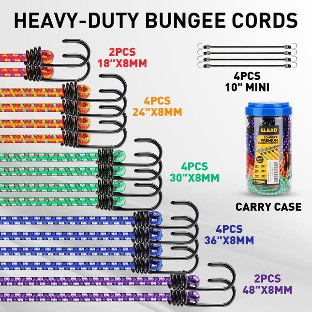 Bungee Cords Heavy Duty Outdoor: 20 Pcs Rubber Bungee Cords with Hooks in a Storage Jar Includes 10" - photo 2