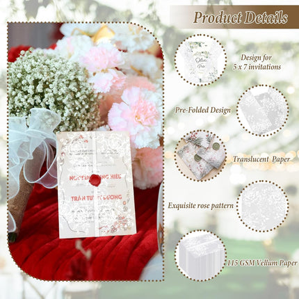 100 Pcs Vellum Jackets for 5x7 Invitations Floral Vellum Paper Invitation Sleeves Pre-Folded Translucent Envelope Inserts liner 115 GSM for Wedding, Birthdays, Bridal Baby Showers