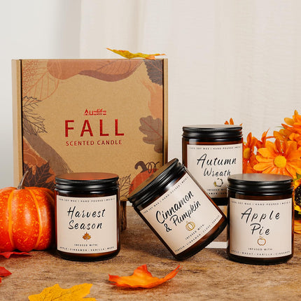 Fall Candle Set | 4 Pack Scented Candles for Home - Candle Gifts for Women Men, Soy Candles Home Scented | Autumn Fragrance of - Apple Pie/Cinnamon/Harvest/Wreath