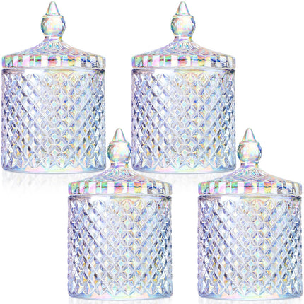 4 Pcs Crystal Glass Candy Jar Set with Lids Home Decorative Storage Jars for Apothecary, Bathroom, Kitchen, and Pantry, Ideal for Cotton Swabs and Jewelry (Medium,Green)