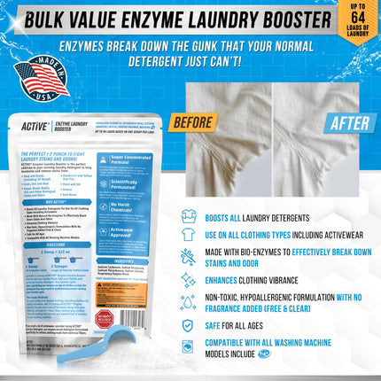Enzyme Laundry Booster Odor Remover - 2 lbs Unscented Enzymatic Clothes Stain Cleaner Powder, Natural Deodorizer with Bio Enzymes, Detergent Additive Eliminator for Sweat, Oil, Blood - 64 Loads