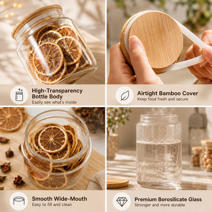 17 floz Small Glass Storage Containers with Lids,Candy Jar with Lid, Glass Food Storage Containers for Kitchen Counter, Pantry, Decorative Jar for Coffee, Sugar,Tea, Cute Jar(Bamboo 17 FL OZ)