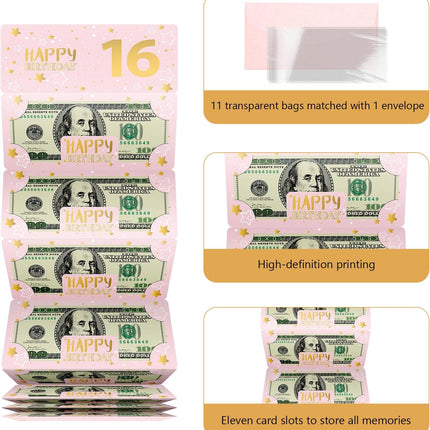 ysmile Pink 16th Birthday Money Envelope for Cash Gift Holder with Greeting Card for Girl Women Surprise Gift Idea with Clear Plastic Bag