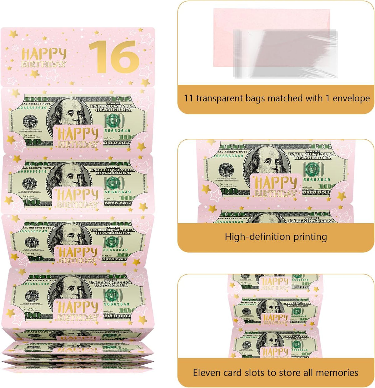 Pink 16th Birthday Money Envelope for Cash Gift Holder with Greeting Card for Girl Women Surprise Gift - photo 2