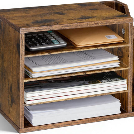 VEVOR Literature Organizer, 4 Compartments Office Mailbox with Detachable Shelves, Wooden Mailbox Sorter with Side Vertical Storage, Countertop Office Home Organizer for File, Document, Paper, Brown