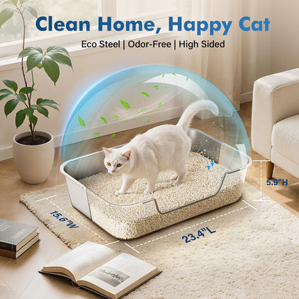 Stainless Steel Cat Litter Box with Low Entry, Metal Kitty Litter Box for Senior or Injured Cats, Odor-Free, Non-Stick, Easy to Clean, 17.5"x13.6"x5.9", Litter Pan for Medium and Small Cats