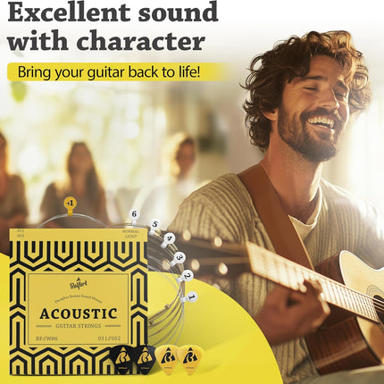 BELFORT® quality acoustic guitar strings - 6 string set - Premium coating with Phosphor Bronze (guitar strings acoustic 6 string set) BONUS: 4 Picks + 1 High E String - cuerdas para guitarra acustica